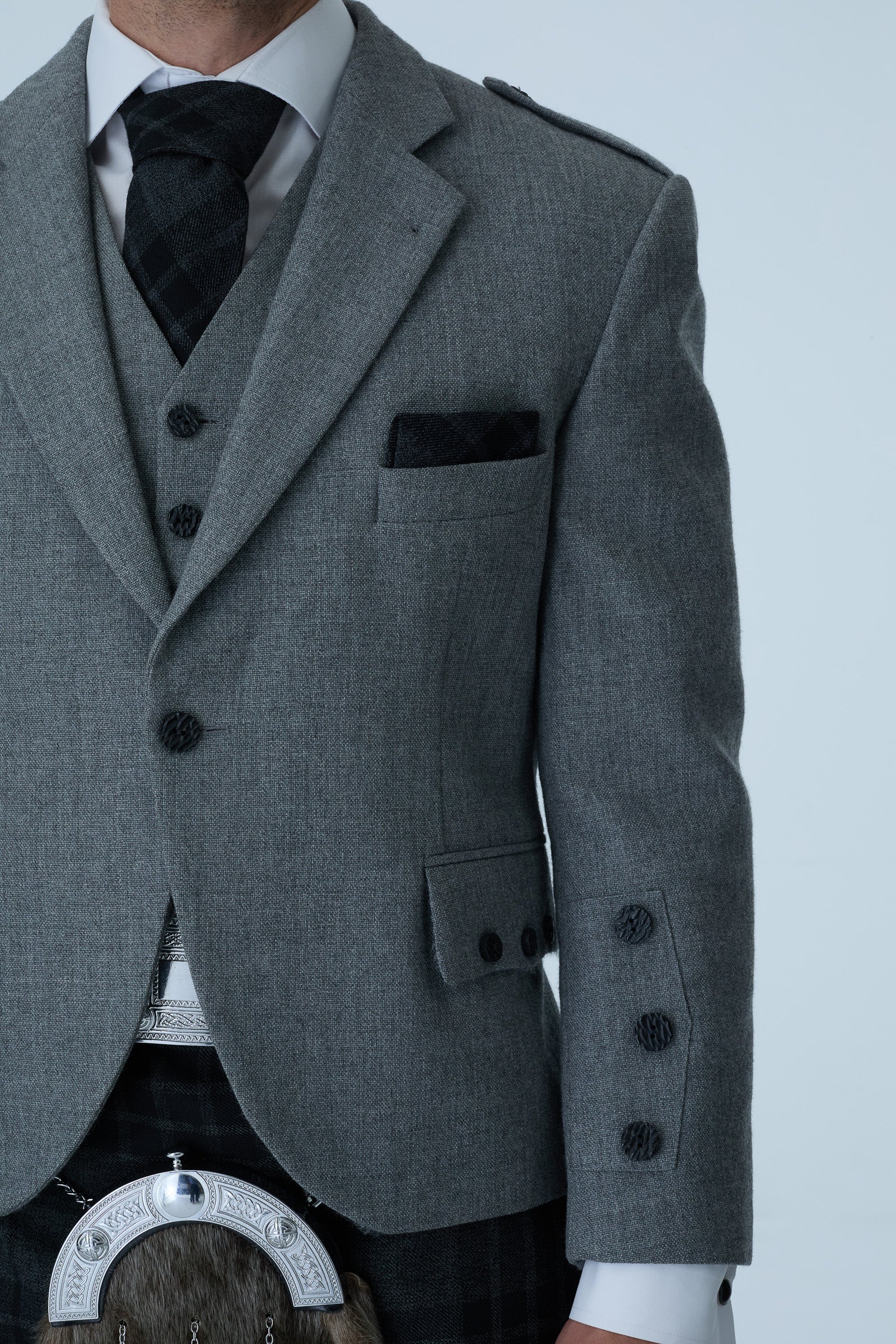 Light Grey Tweed Jacket & Grey Spirit Kilt Hire Package - Image 4